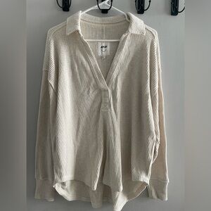 Aerie Cream Waffle Knit V-Neck Pullover